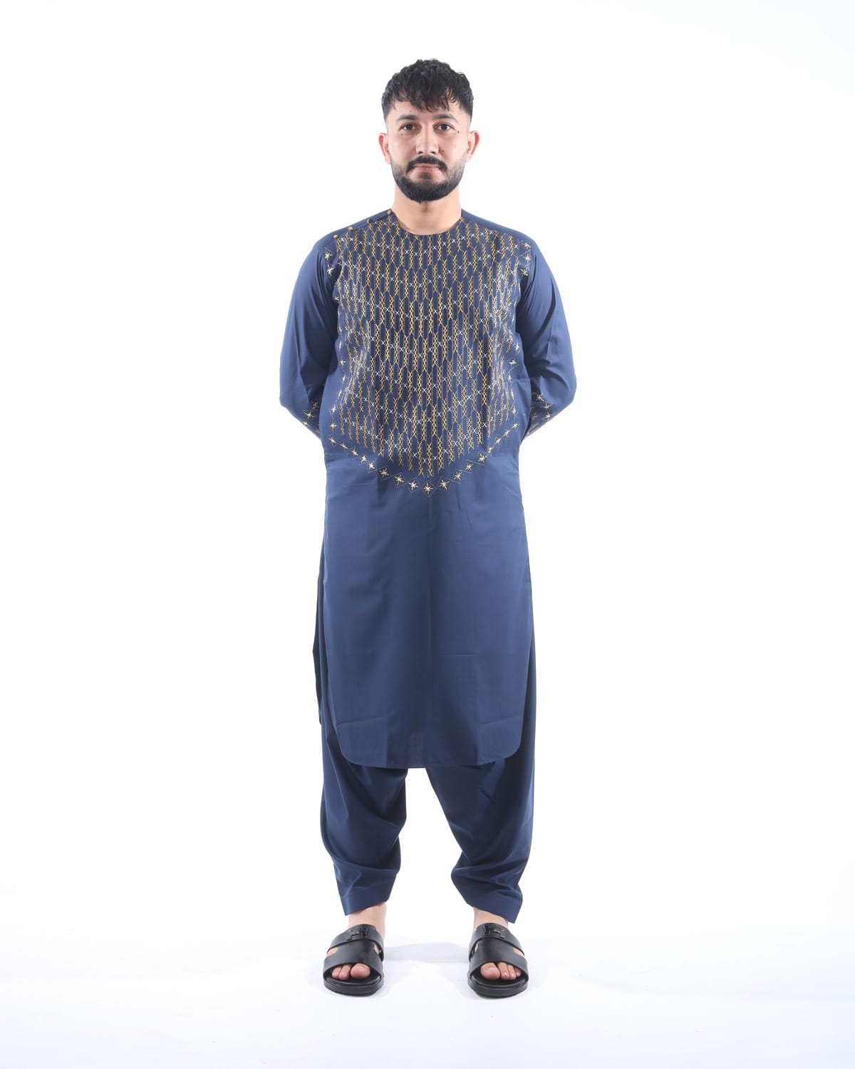 Neavy Blue Men Traditional Afghan Style Outfit with Trousers 5