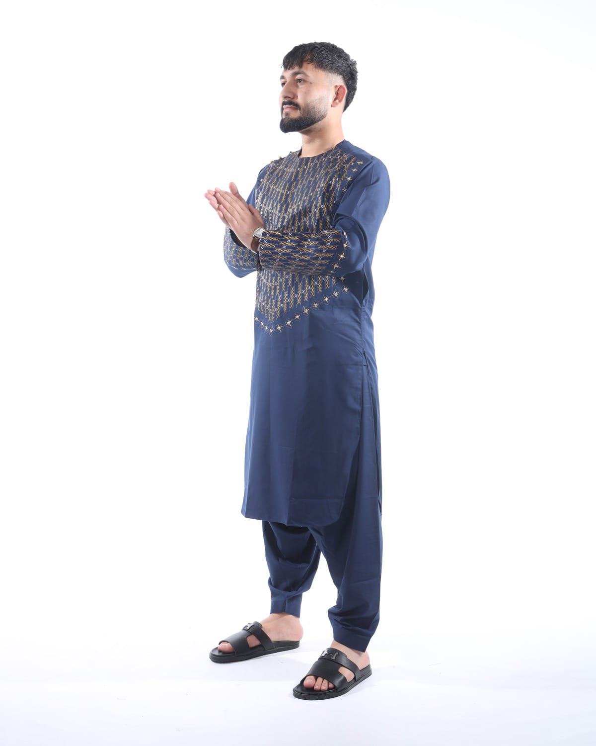 Neavy Blue Men Traditional Afghan Style Outfit with Trousers 4