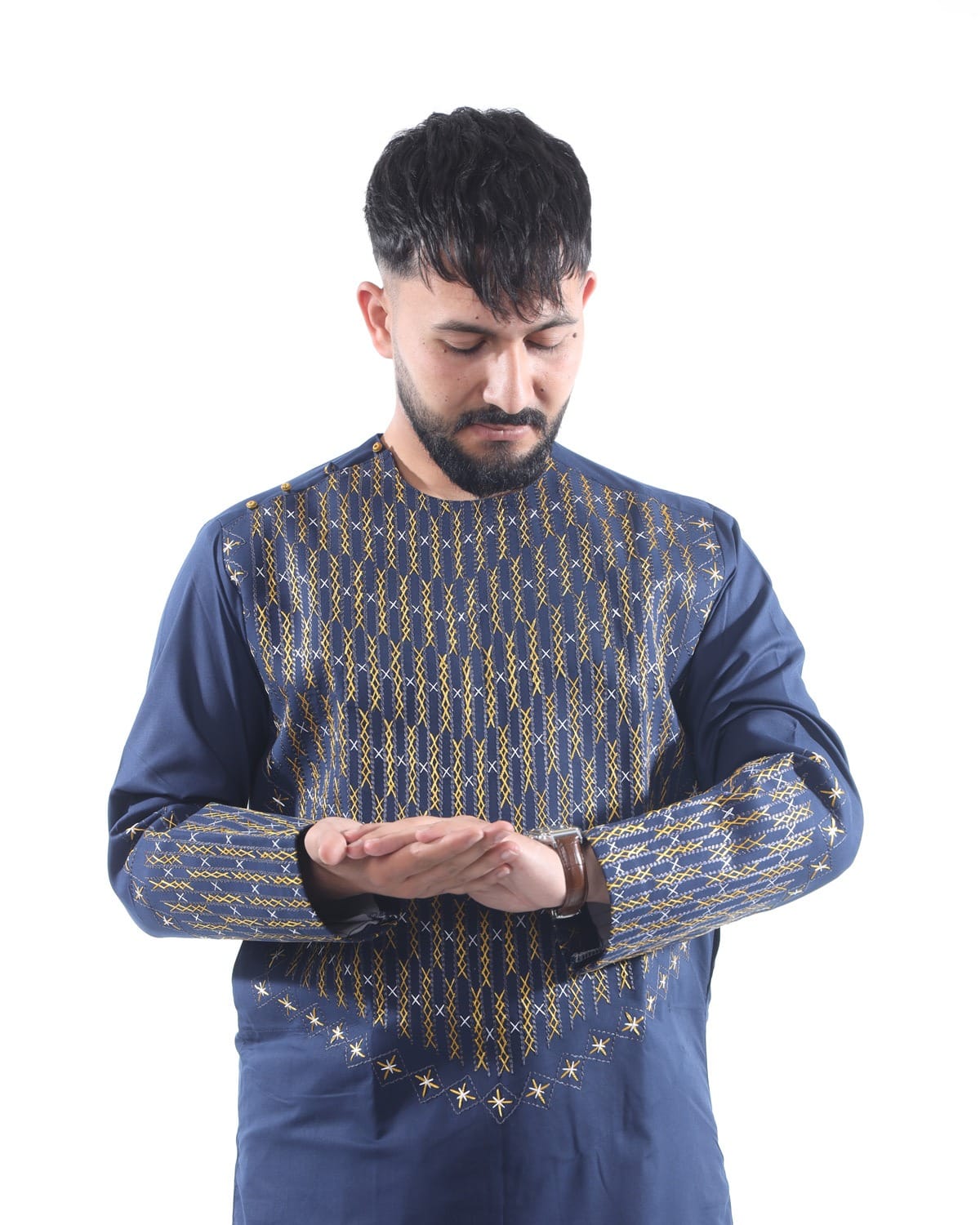 Neavy Blue Men Traditional Afghan Style Outfit with Trousers 3