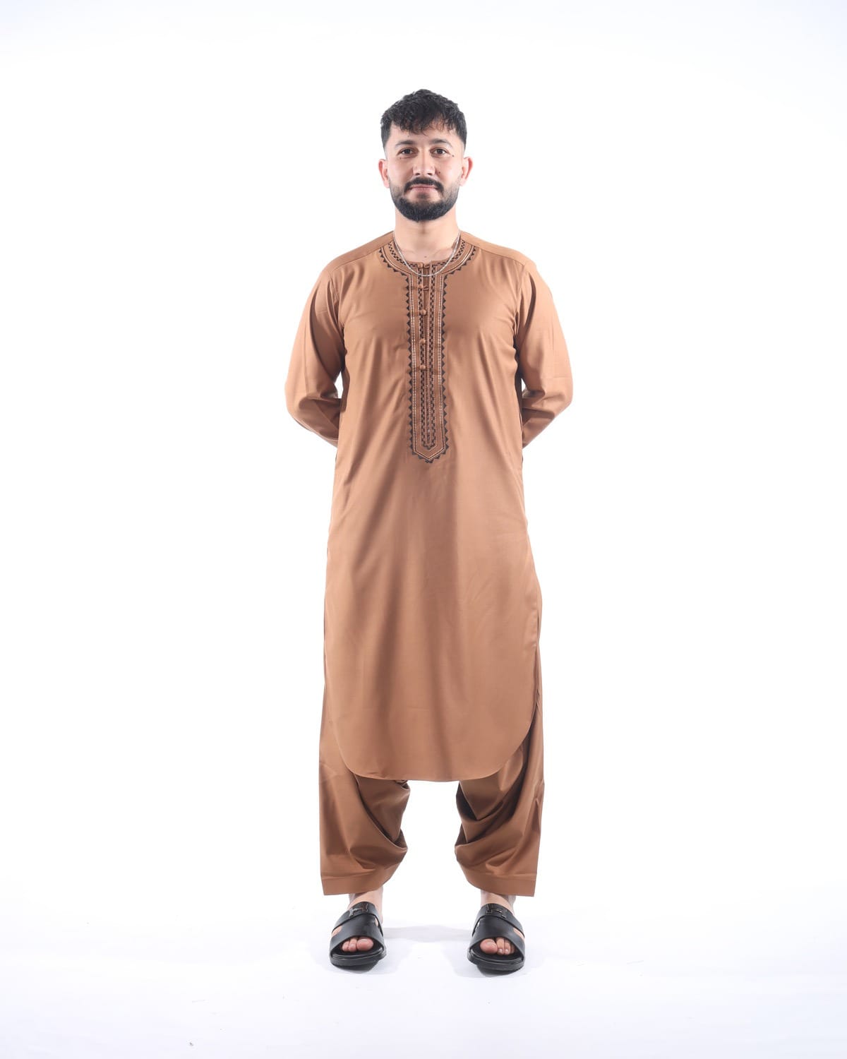 Light Brown Traditional Men's Outfit with Embroidered Design with Shawl 1