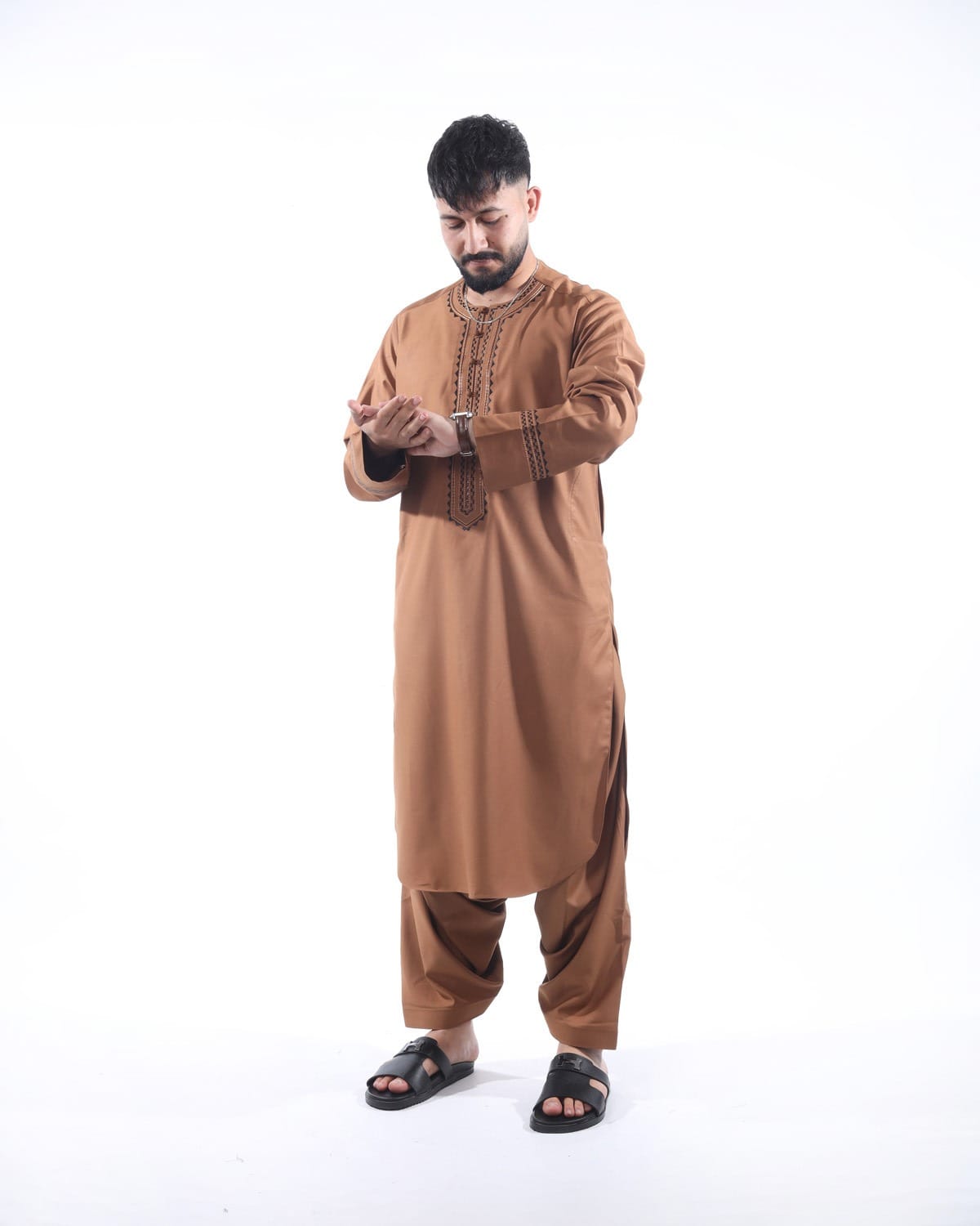 Light Brown Traditional Men's Outfit with Embroidered Design with Shawl 2