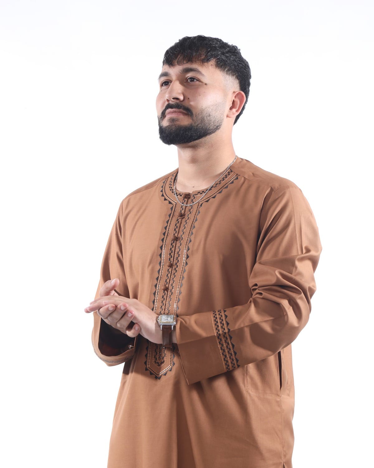 Light Brown Traditional Men's Outfit with Embroidered Design with Shawl 3