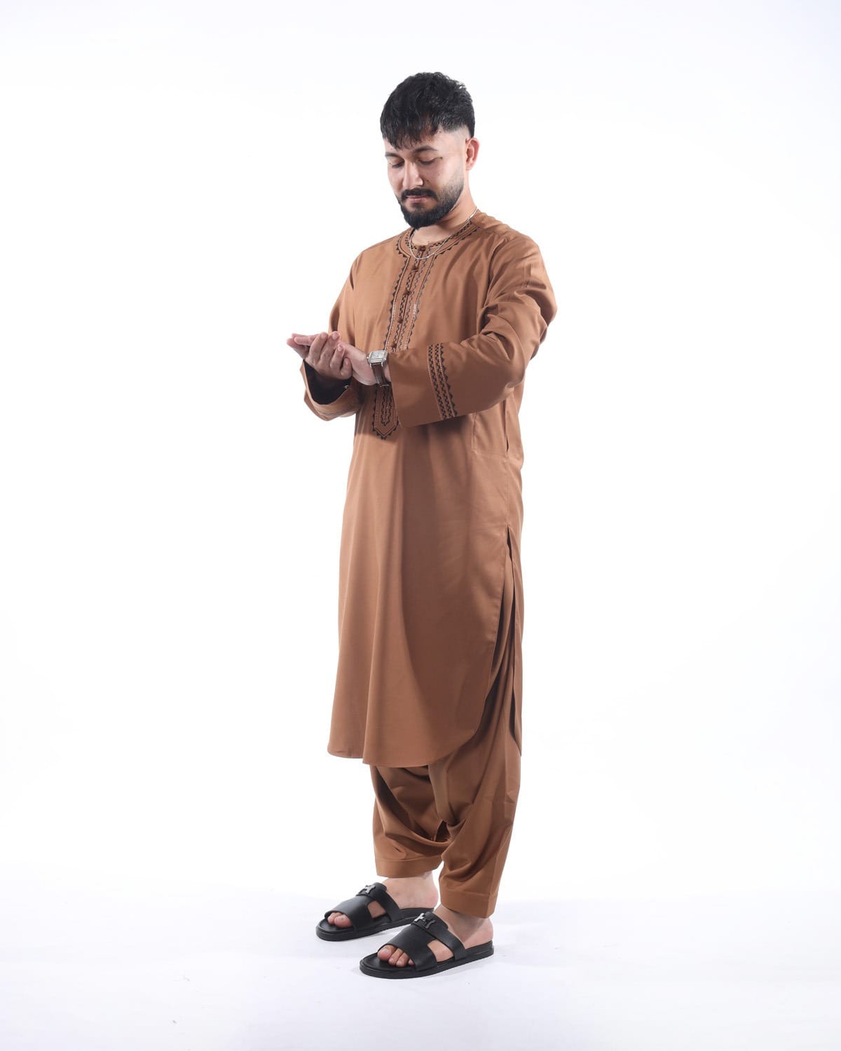 Light Brown Traditional Men's Outfit with Embroidered Design with Shawl 6