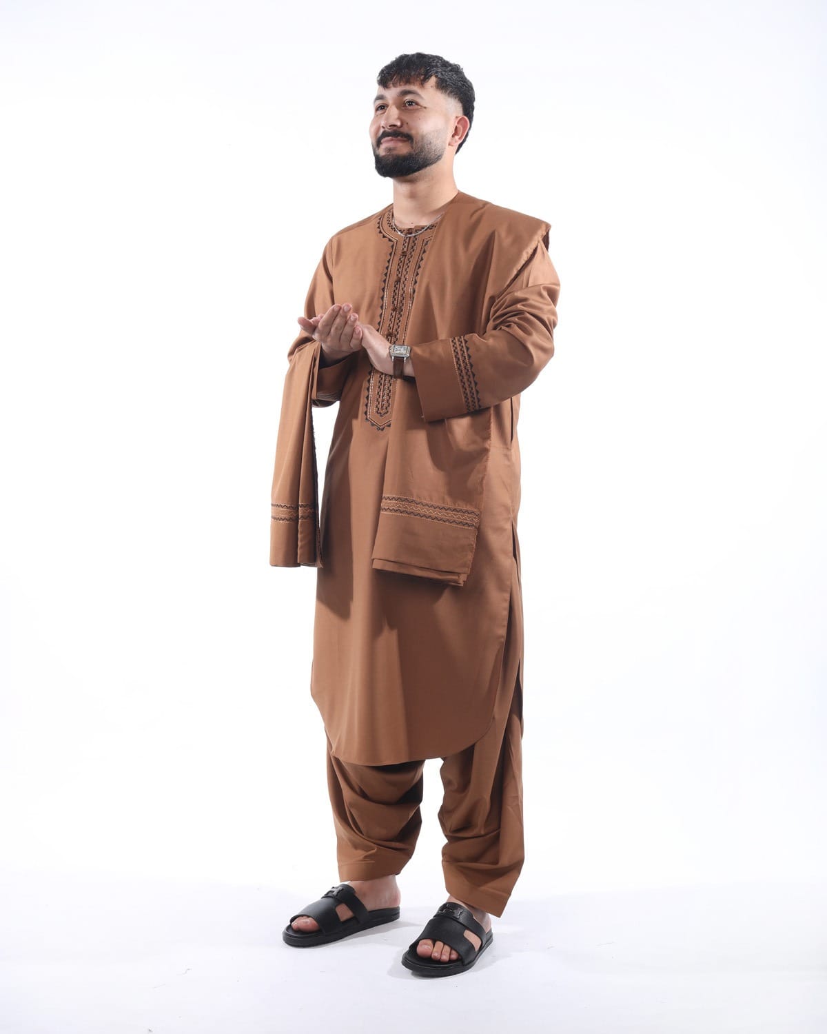 Light Brown Traditional Men's Outfit with Embroidered Design with Shawl 4
