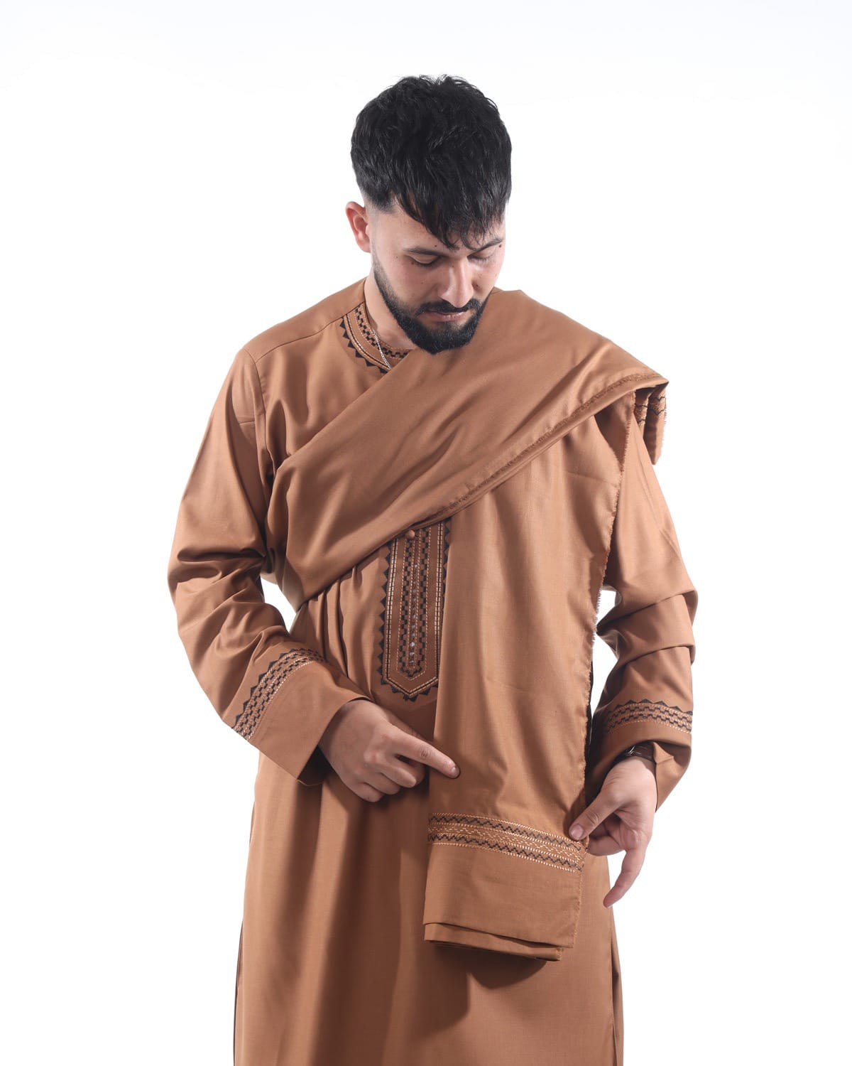 Light Brown Traditional Men's Outfit with Embroidered Design with Shawl 5