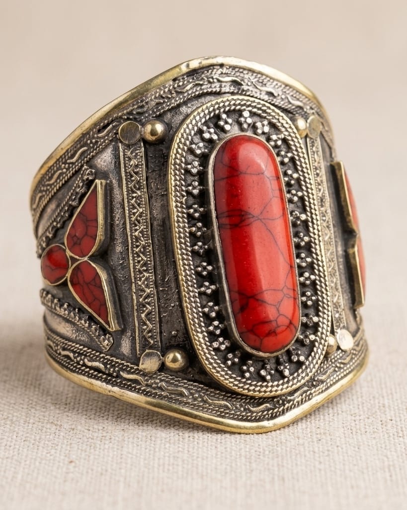 Antique Two-Tone Crimson Statement Cuff Bracelet 2