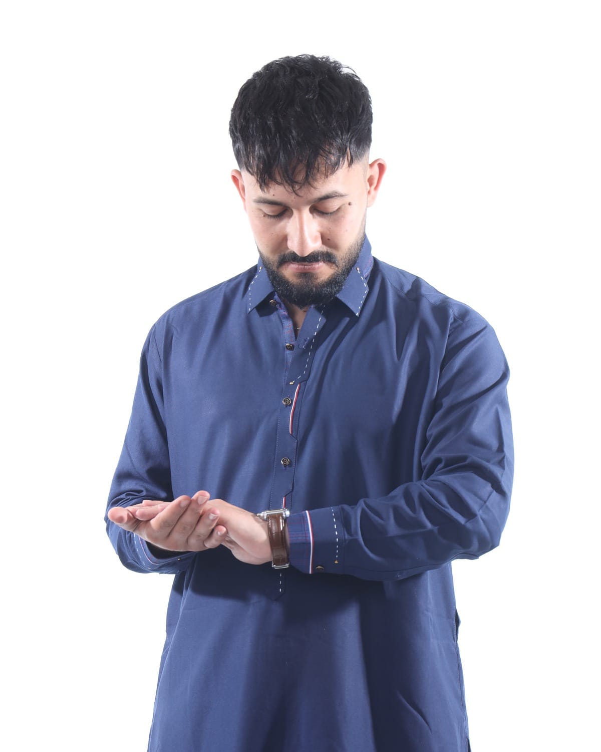 Men Collar Design Pehran Tumban Classic Afghan Outfit (Navy Blue) 2