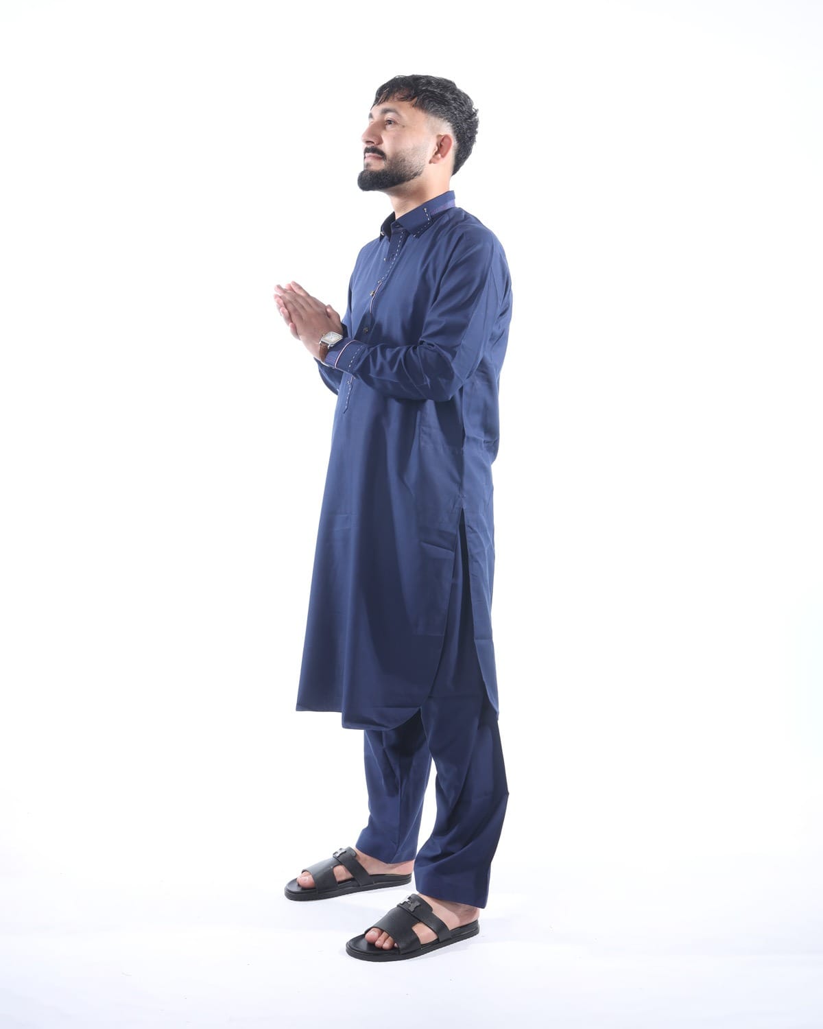 Men Collar Design Pehran Tumban Classic Afghan Outfit (Navy Blue) 3
