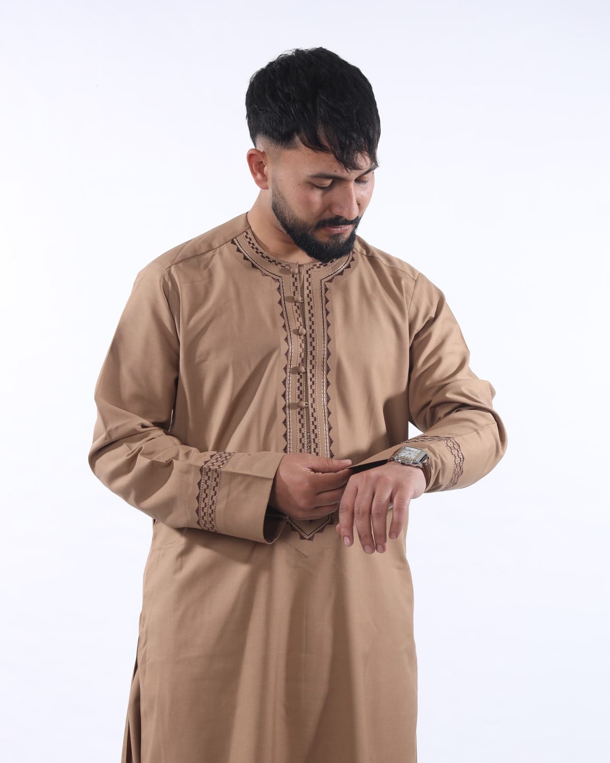 Men Arabic Style Pehran Tumban Afghani Outfit (Light Brown) 4