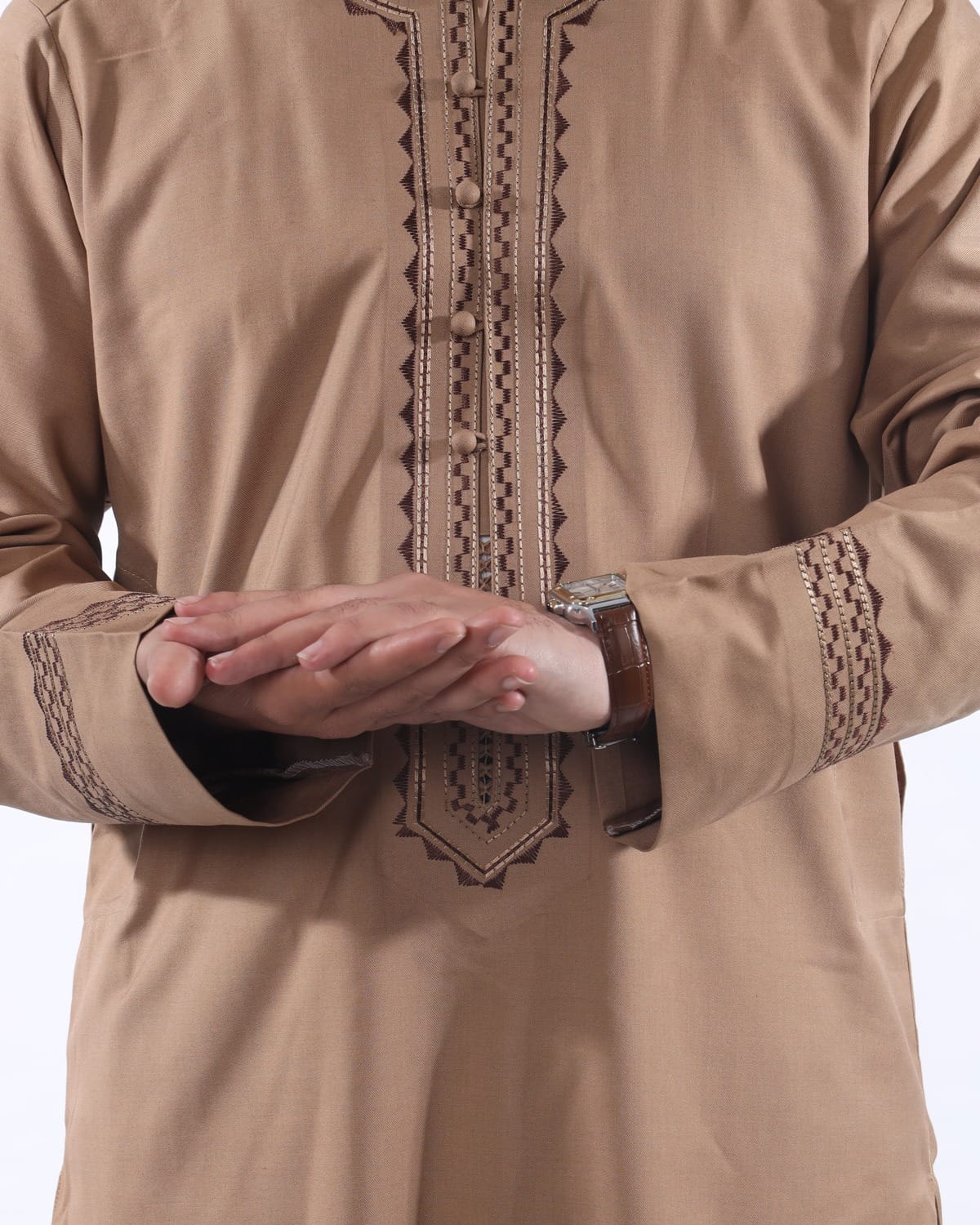 Men Arabic Style Pehran Tumban Afghani Outfit (Light Brown) 2