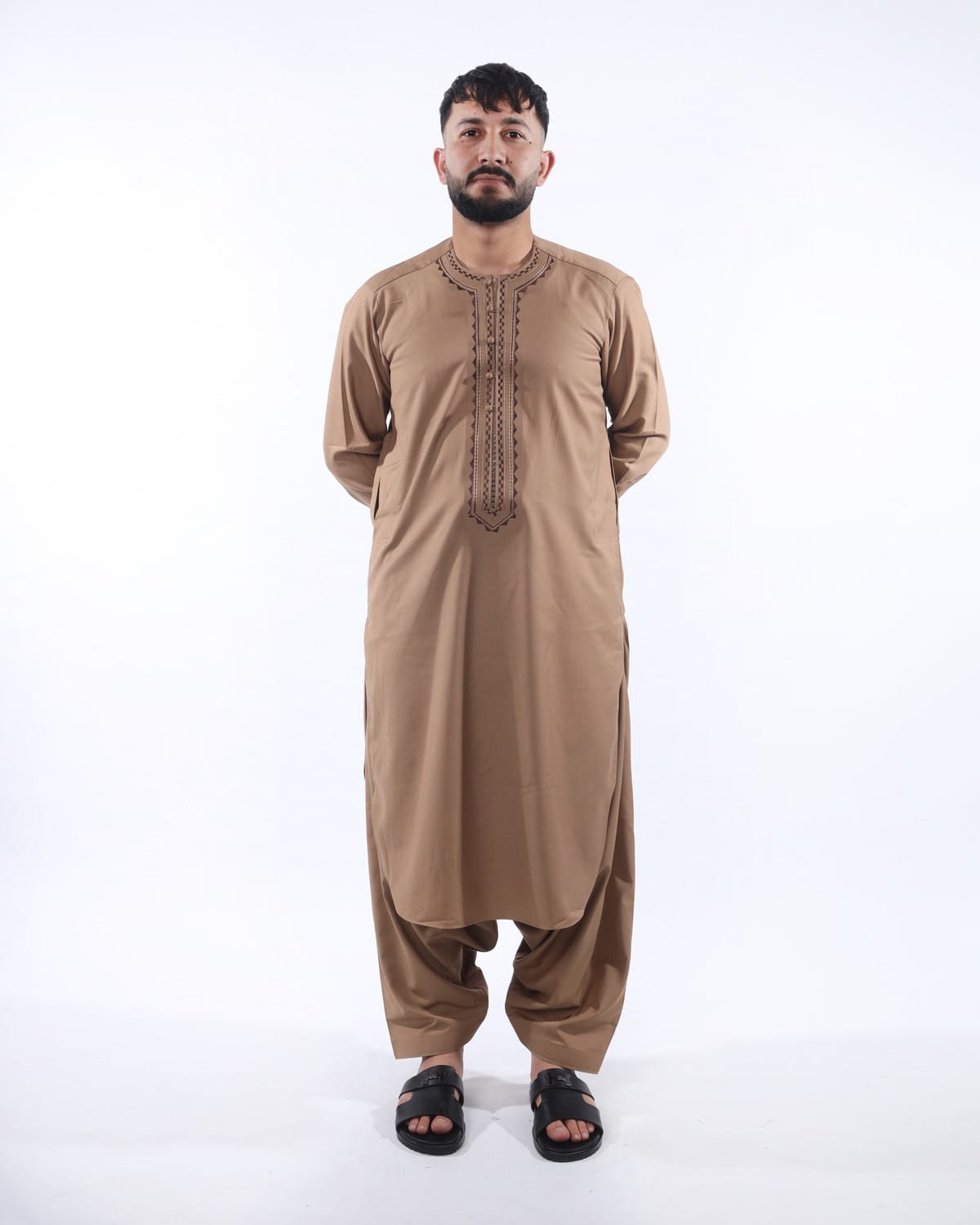 Men Arabic Style Pehran Tumban Afghani Outfit (Light Brown) 5