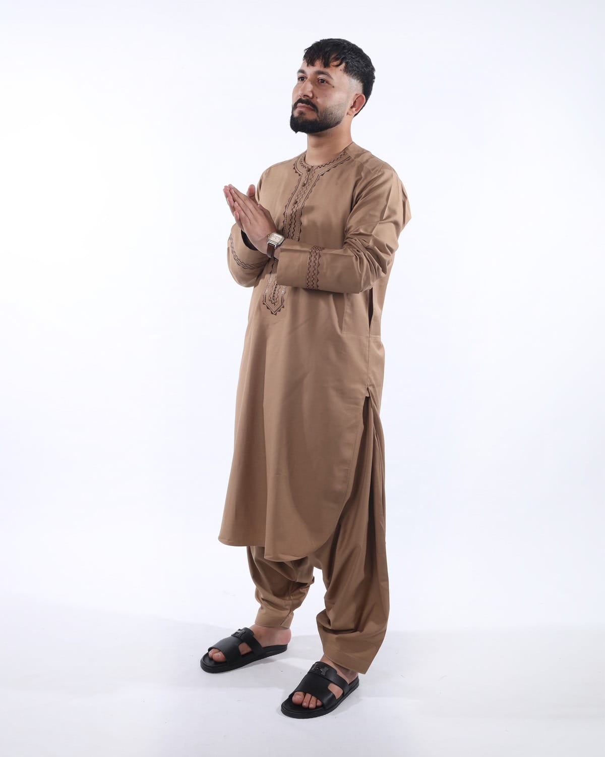 Men Arabic Style Pehran Tumban Afghani Outfit (Light Brown) 3