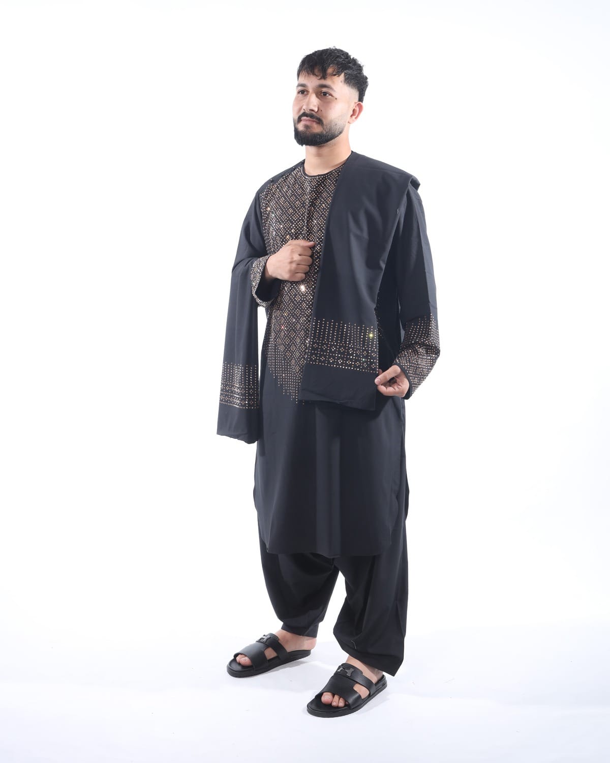 Afghani Men Crystal Embroidery Style Pehran Tumban Black Outfit 5