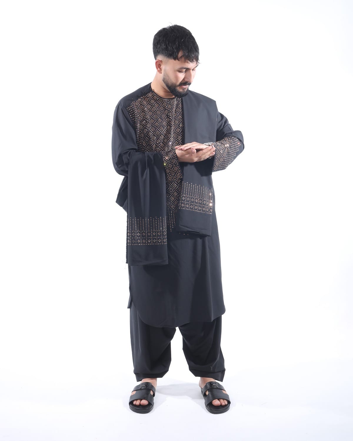 Afghani Men Crystal Embroidery Style Pehran Tumban Black Outfit 6