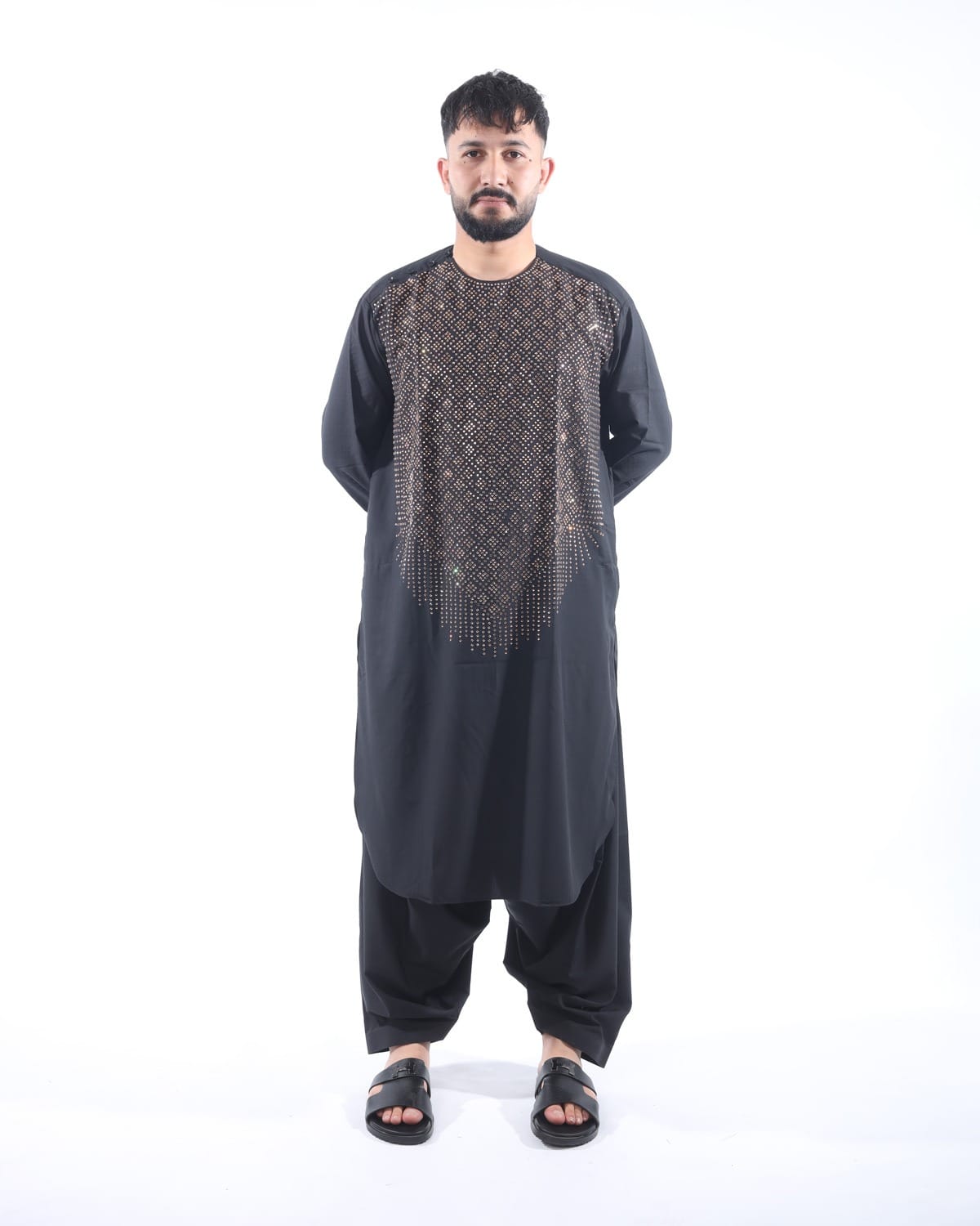 Afghani Men Crystal Embroidery Style Pehran Tumban Black Outfit 1
