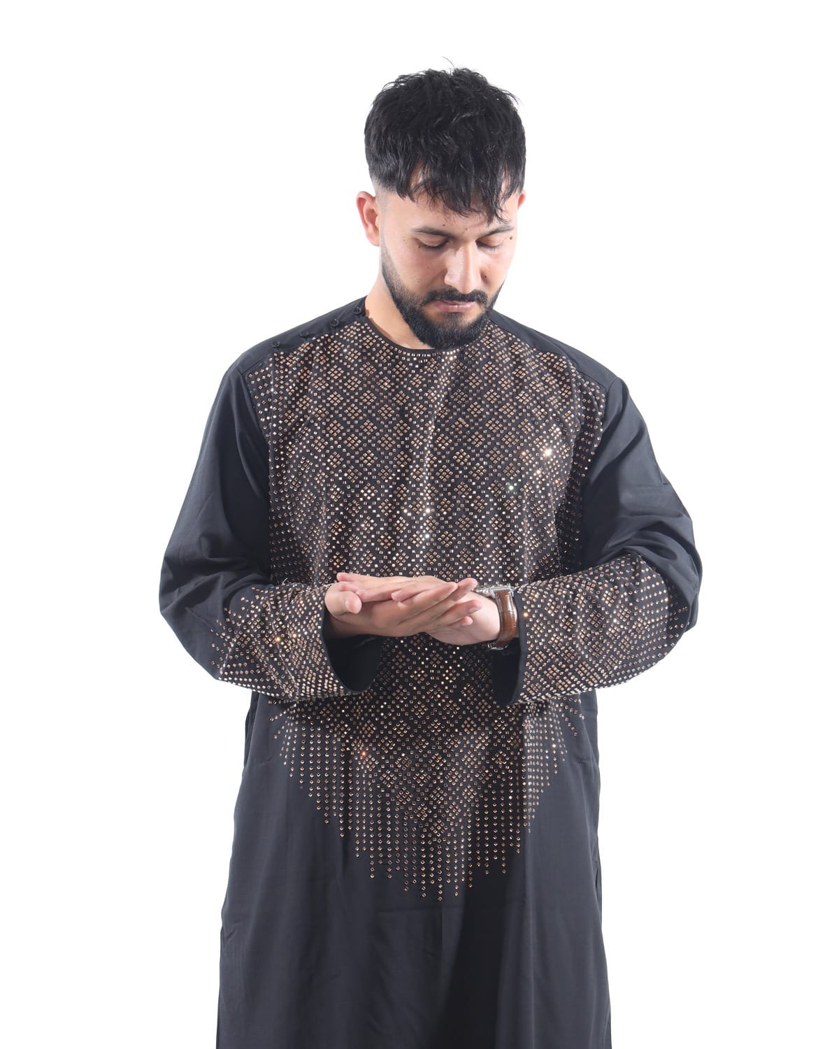 Afghani Men Crystal Embroidery Style Pehran Tumban Black Outfit 3