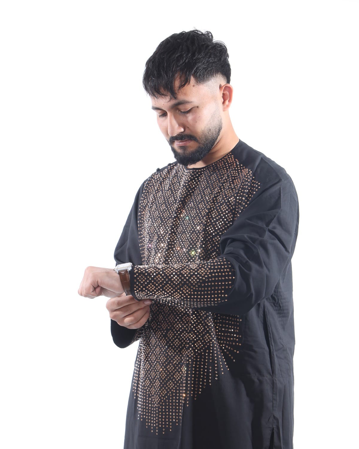 Afghani Men Crystal Embroidery Style Pehran Tumban Black Outfit 4