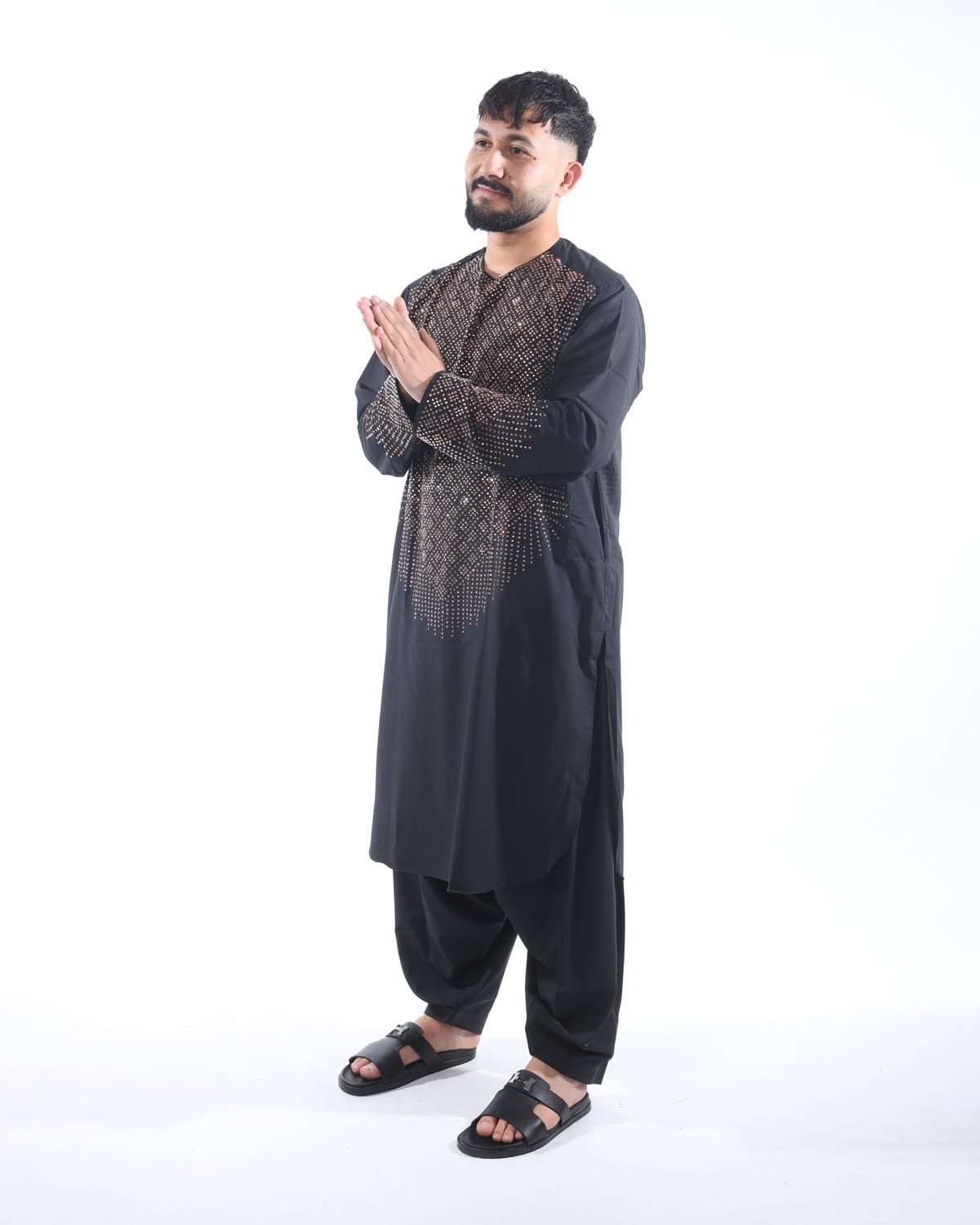 Afghani Men Crystal Embroidery Style Pehran Tumban Black Outfit 7