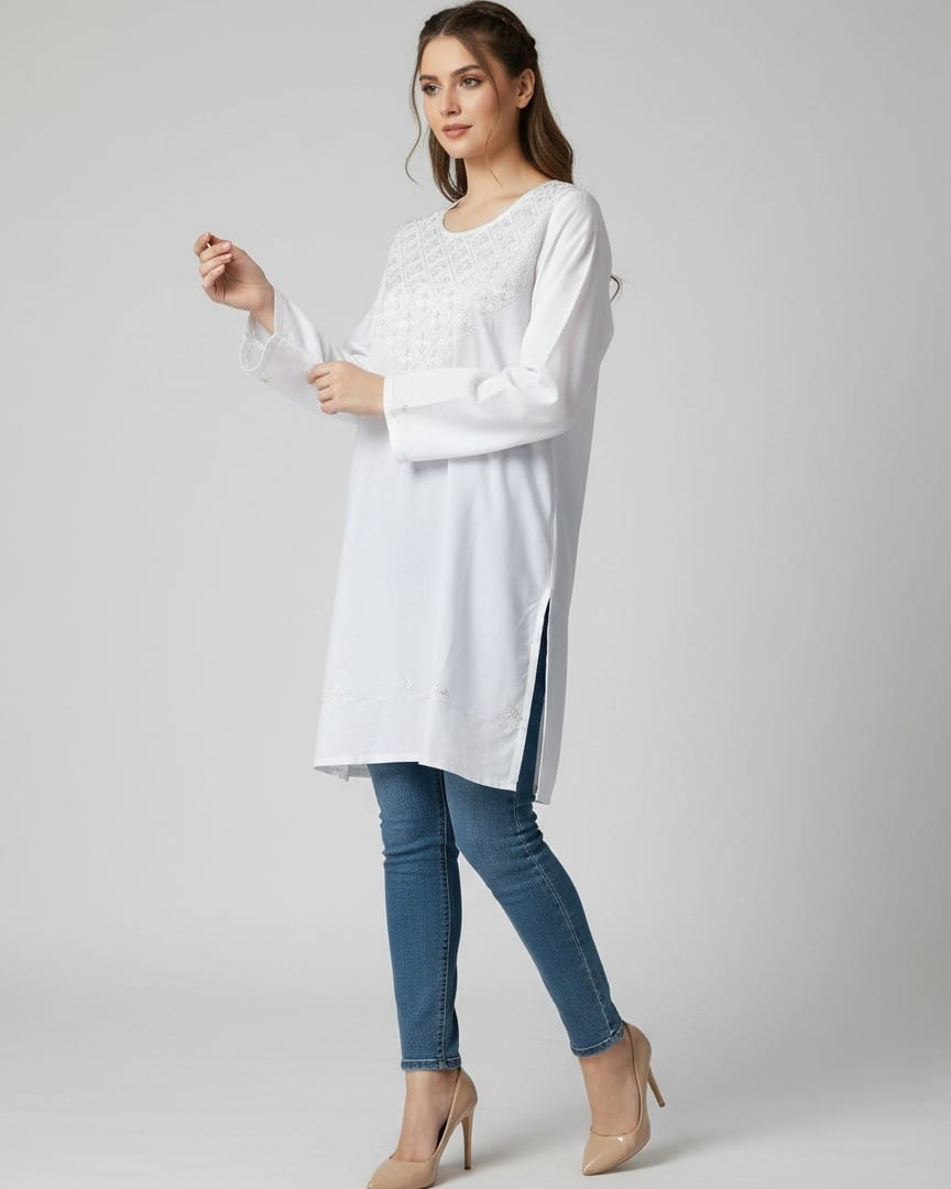 Classic White Cotton Top Dress with Fine Embroidery 2