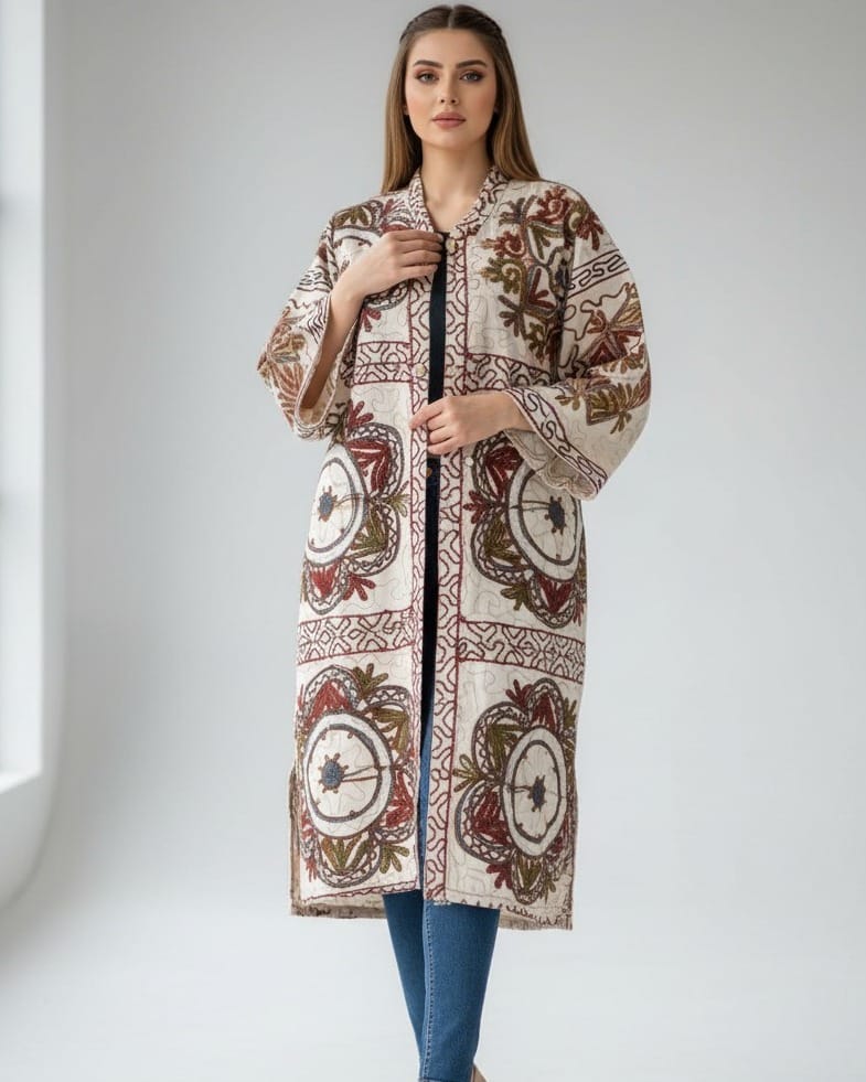 Ivory Embroidered Cotton Coat Nakh Zarin 4