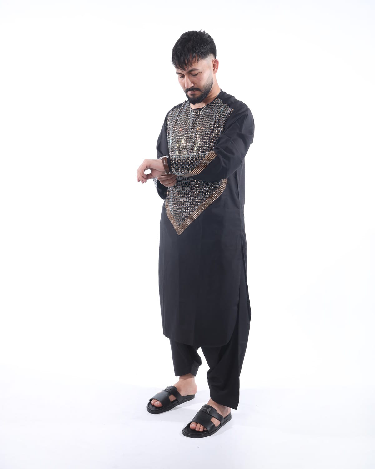 Men Afghani Crystal Style Pehran Tumban Black Embroidered Outfit 2