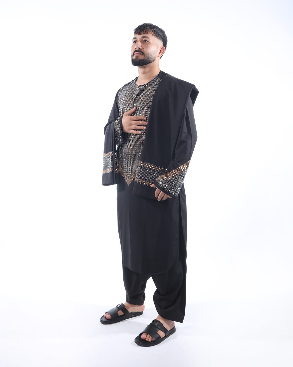 Men Afghani Crystal Style Pehran Tumban Black Embroidered Outfit 1