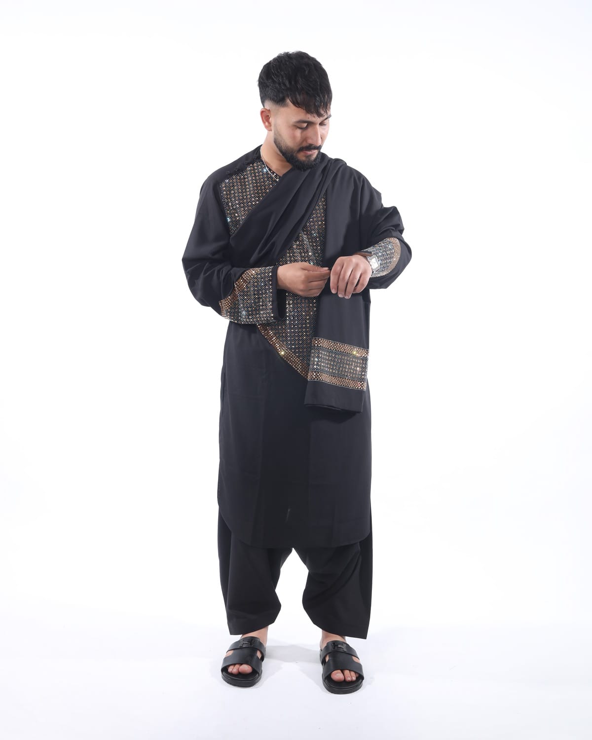 Men Afghani Crystal Style Pehran Tumban Black Embroidered Outfit 4