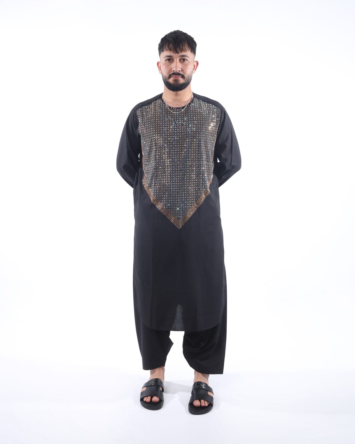 Men Afghani Crystal Style Pehran Tumban Black Embroidered Outfit 5