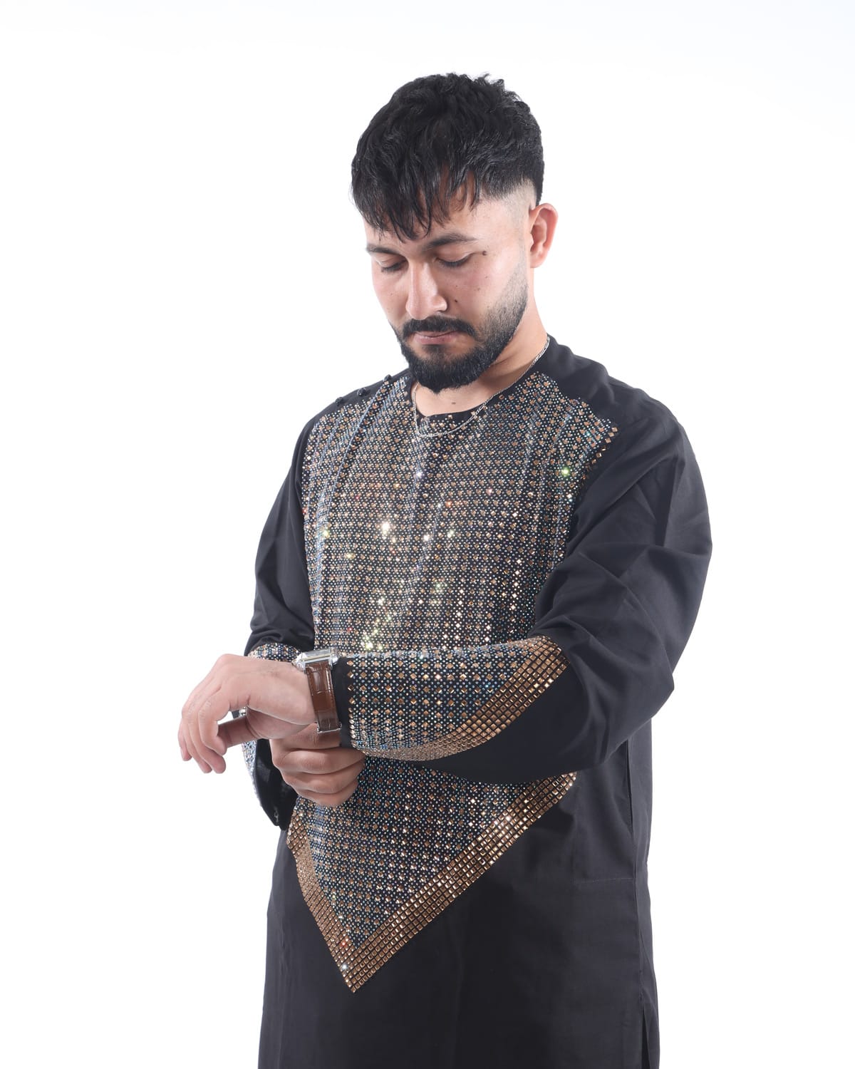 Men Afghani Crystal Style Pehran Tumban Black Embroidered Outfit 6