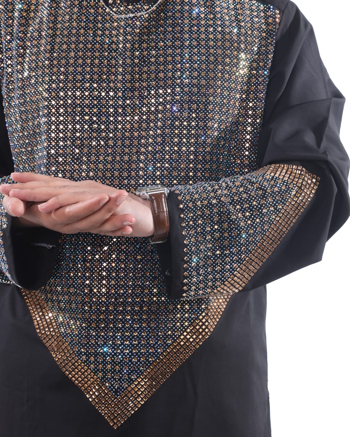Men Afghani Crystal Style Pehran Tumban Black Embroidered Outfit 3