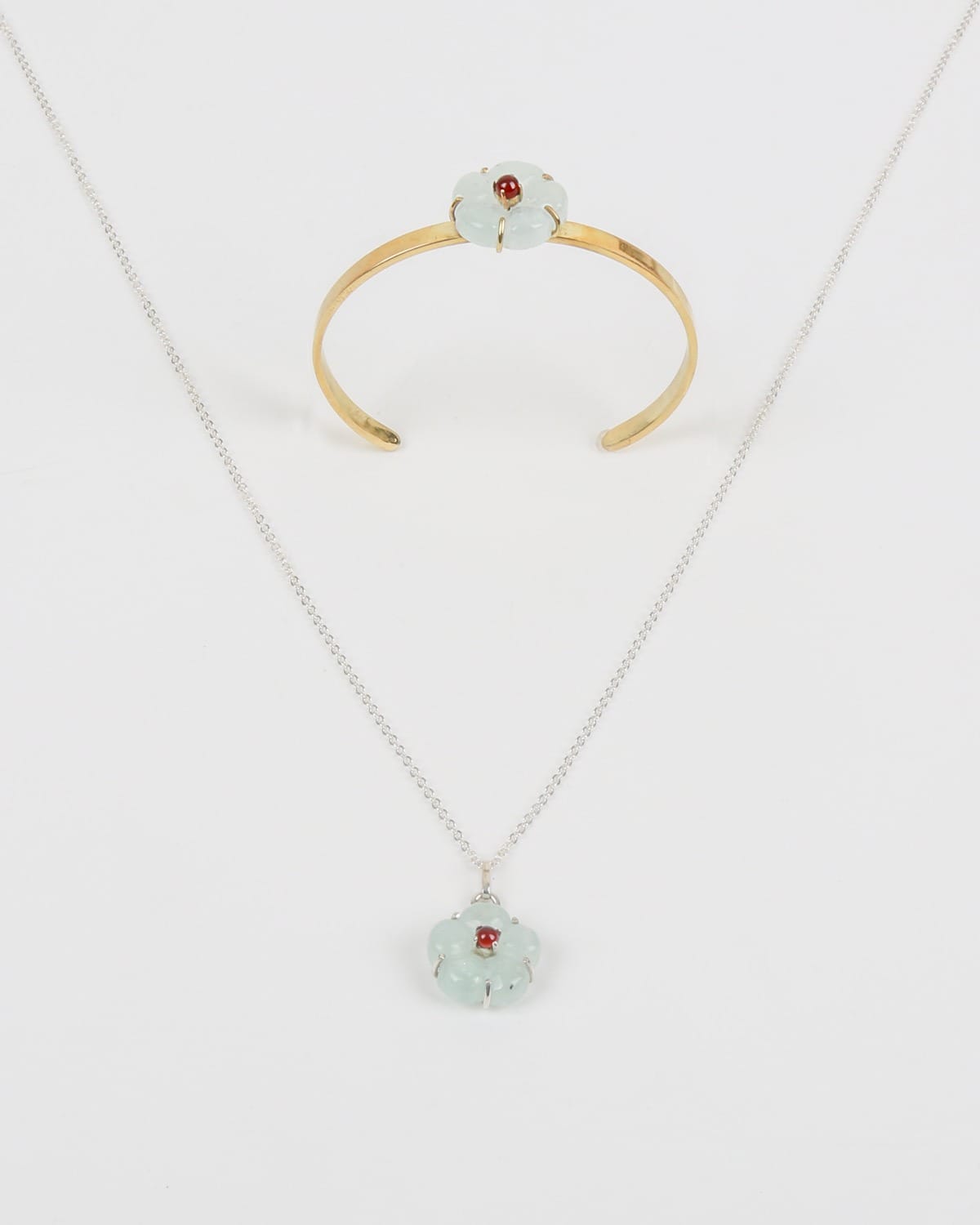 Flower Design Necklace & Bracelet Set – Aquamarine & Red Agate 5