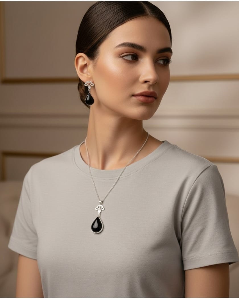 Black Agate Teardrop Set – 925 Silver Necklace & Earrings 1