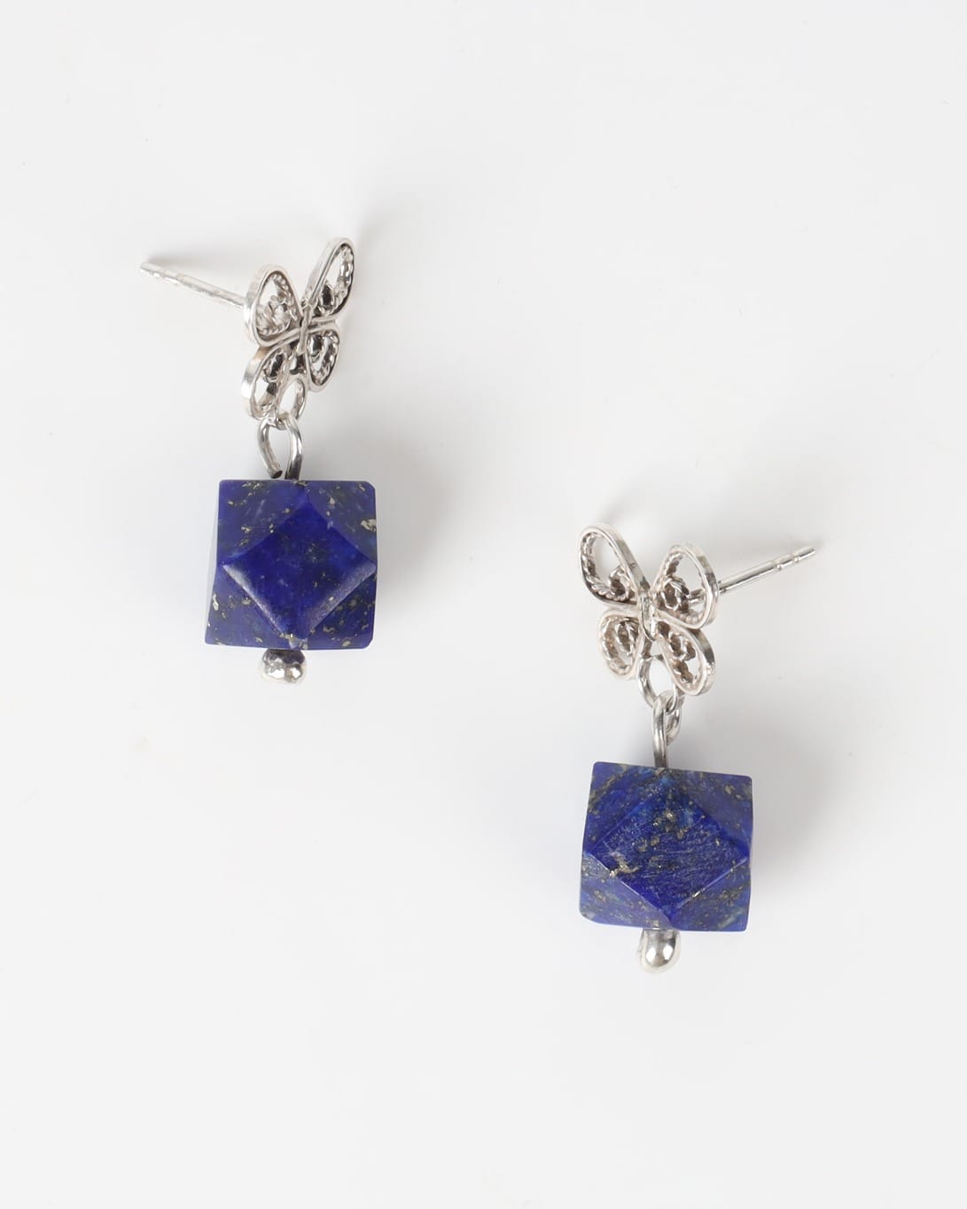 Lapis Lazuli Cube Drop Earrings – 925 Silver Butterfly Design 1