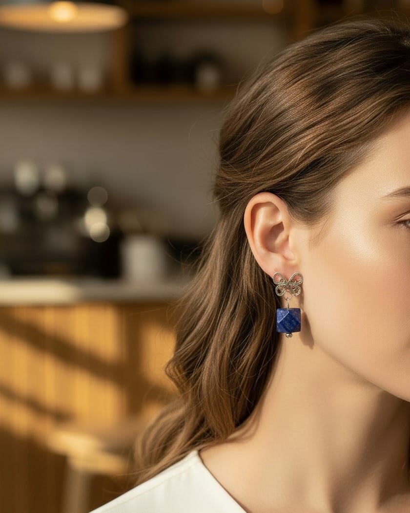 Lapis Lazuli Cube Drop Earrings – 925 Silver Butterfly Design 2