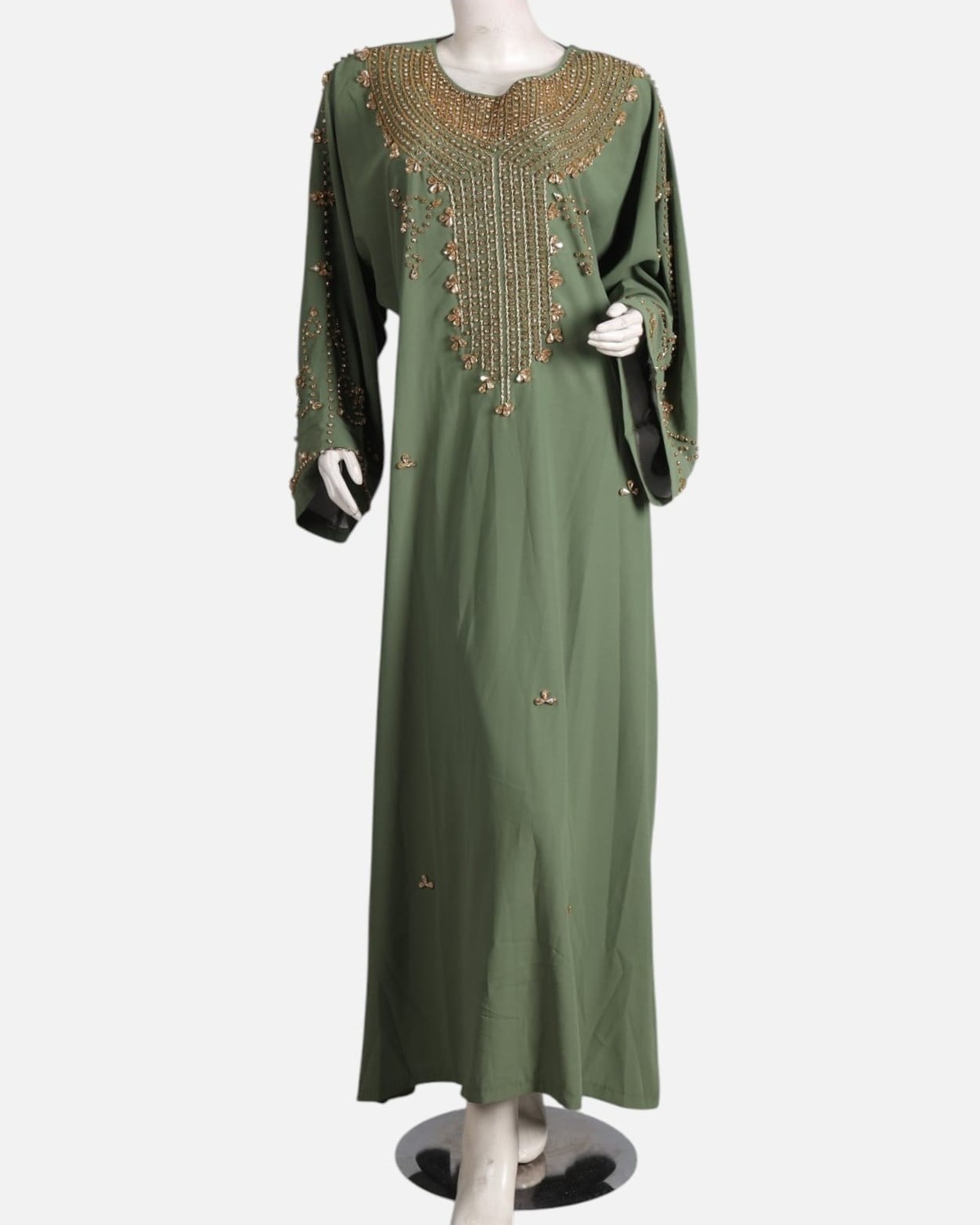 Olive Green Formal Crepe Dress – Handmade Beaded Maxi Gown 1