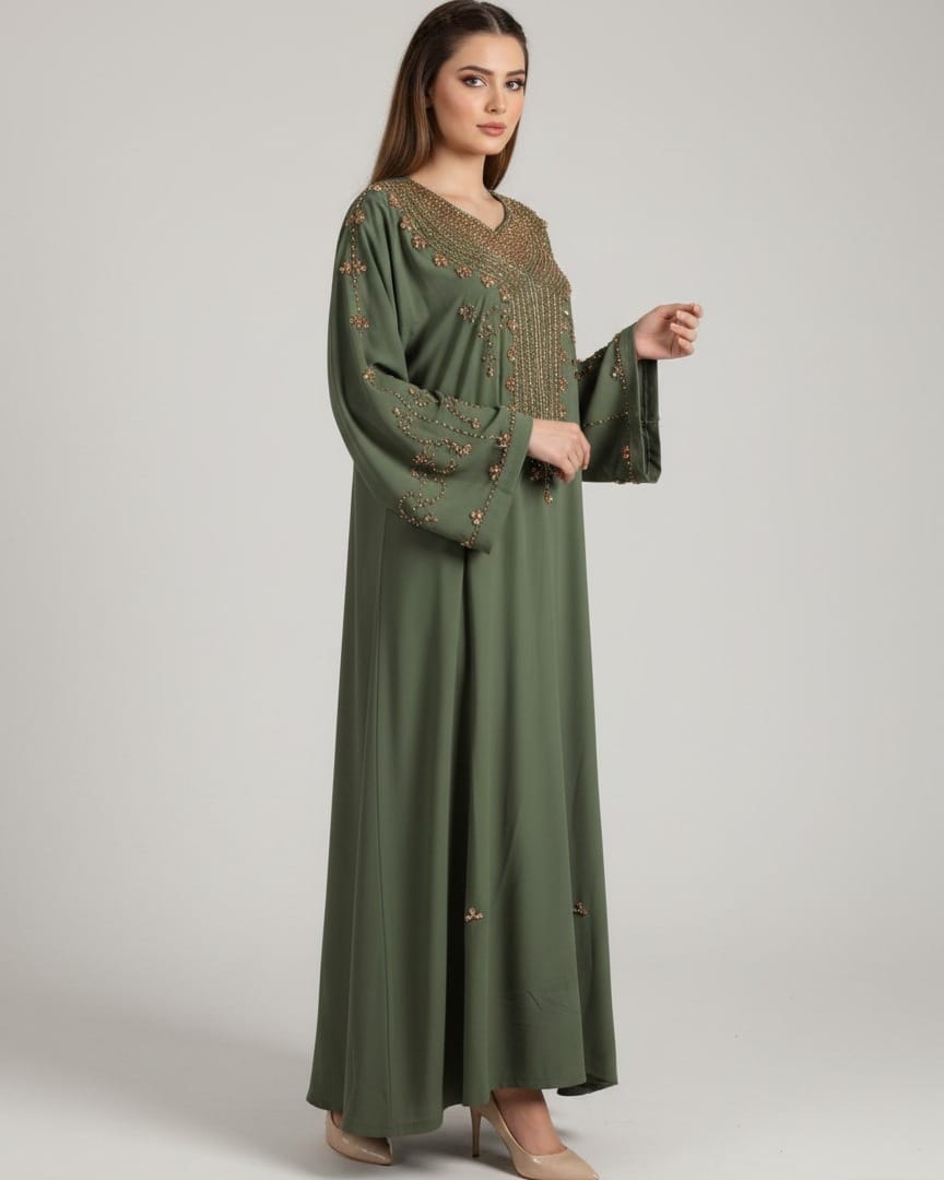 Olive Green Formal Crepe Dress – Handmade Beaded Maxi Gown 2