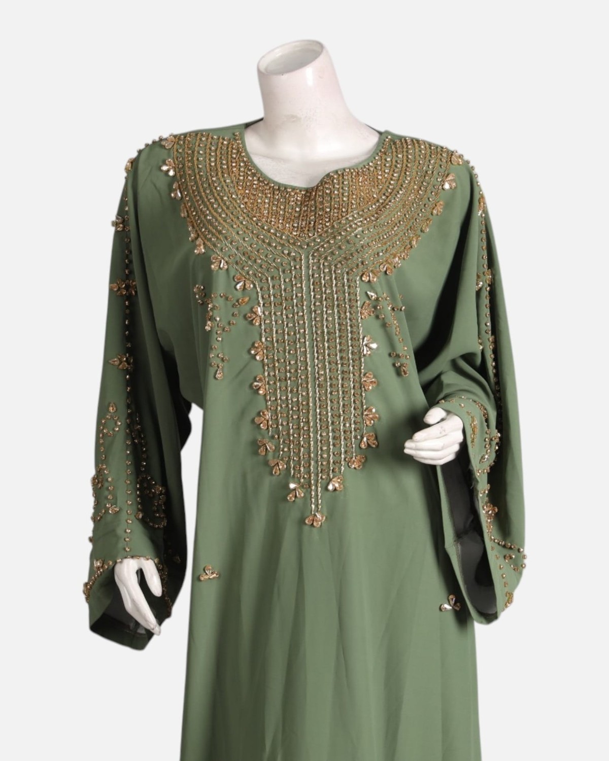 Olive Green Formal Crepe Dress – Handmade Beaded Maxi Gown 3
