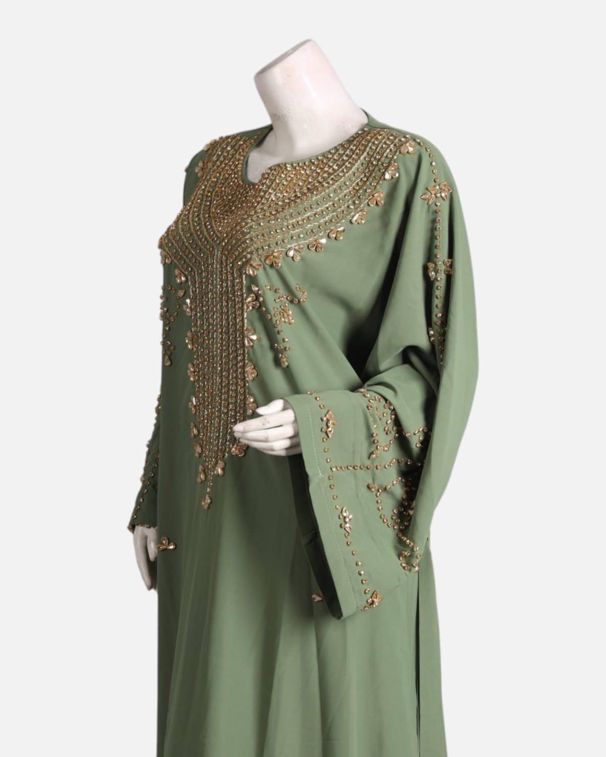Olive Green Formal Crepe Dress – Handmade Beaded Maxi Gown 4