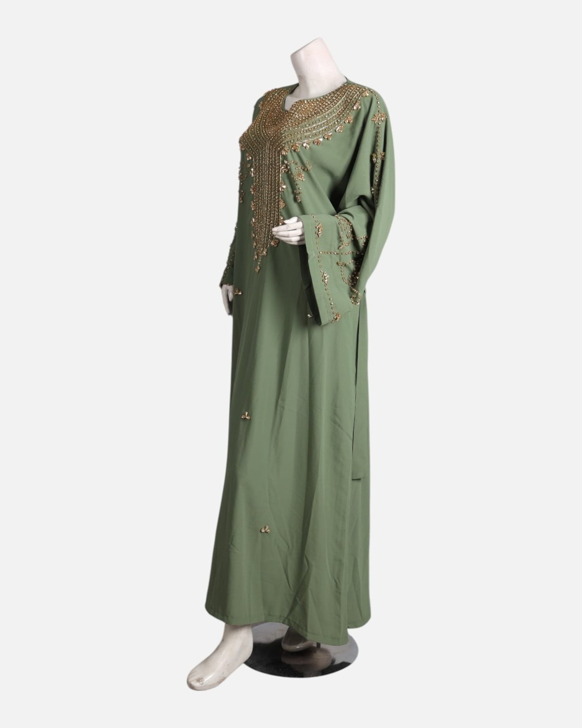 Olive Green Formal Crepe Dress – Handmade Beaded Maxi Gown 5