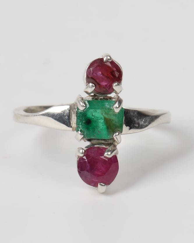 Red & Green Ruby Emerald Silver Ring 1
