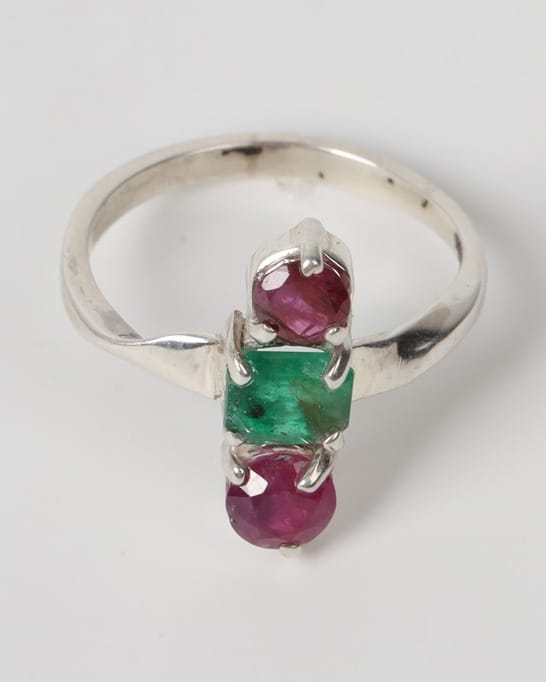 Red & Green Ruby Emerald Silver Ring 2