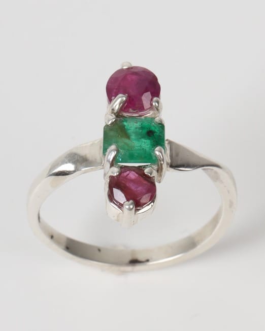Red & Green Ruby Emerald Silver Ring 5
