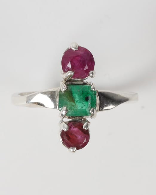 Red & Green Ruby Emerald Silver Ring 6