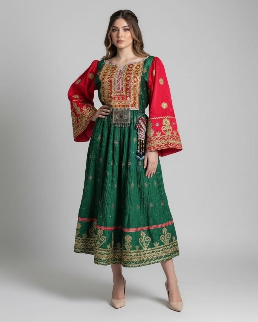 Emerald Afghan Dress with Fuchsia Shawl 2