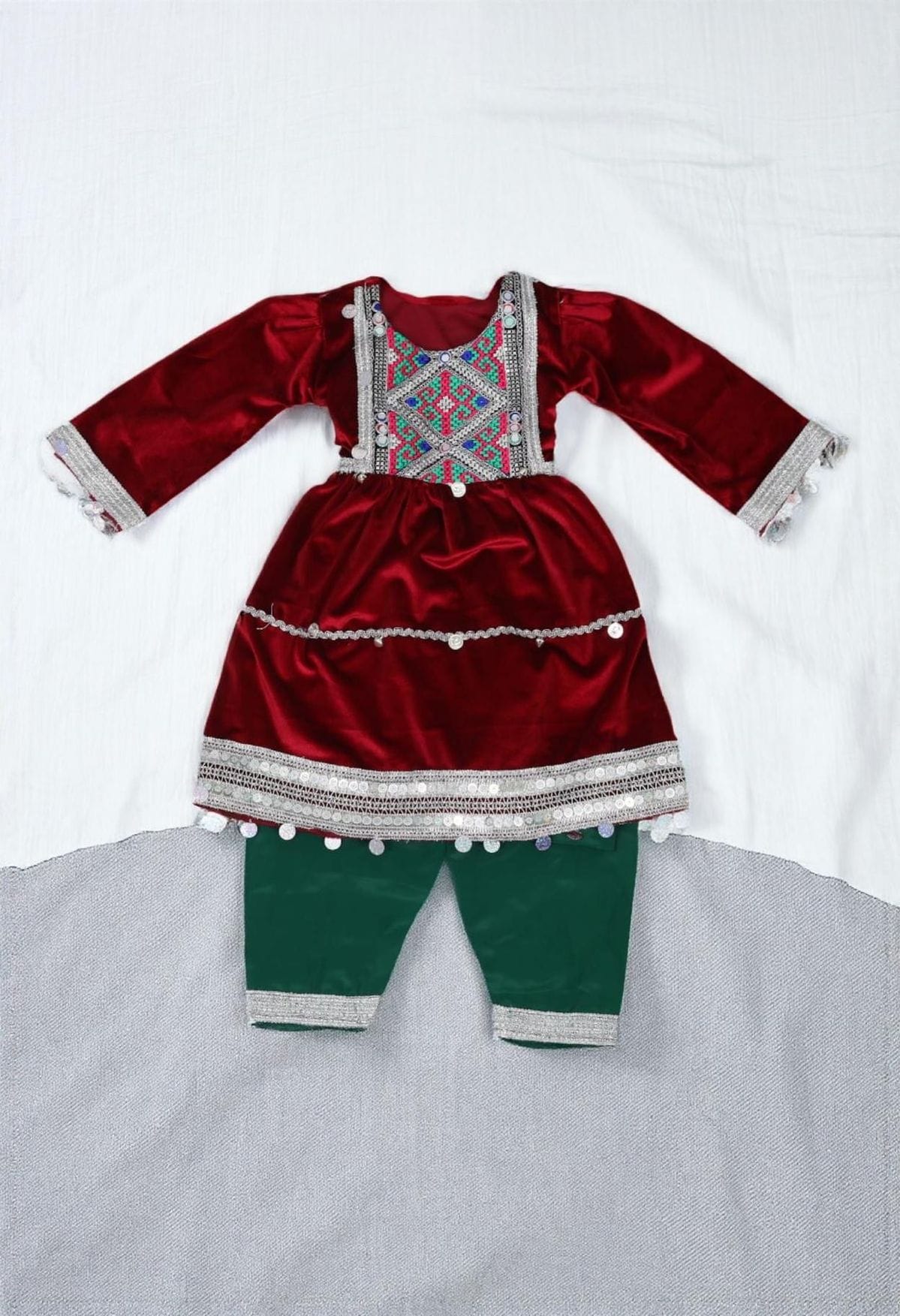 Maroon Velvet Afghani Kids Dress with Embroidery and Coin Trim 5