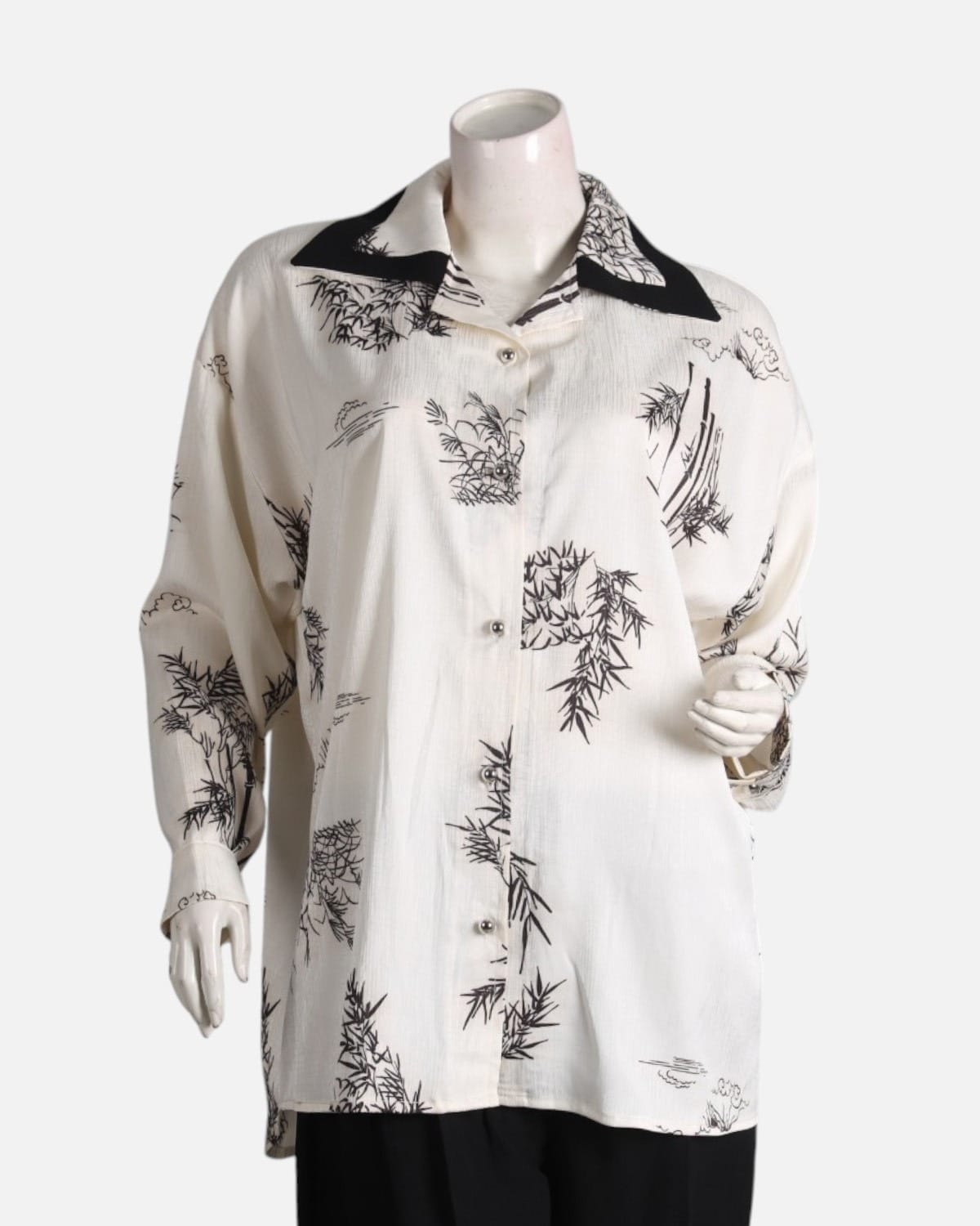 Black & White Floral Silk Shirt with Black Crepe Pants Set 1