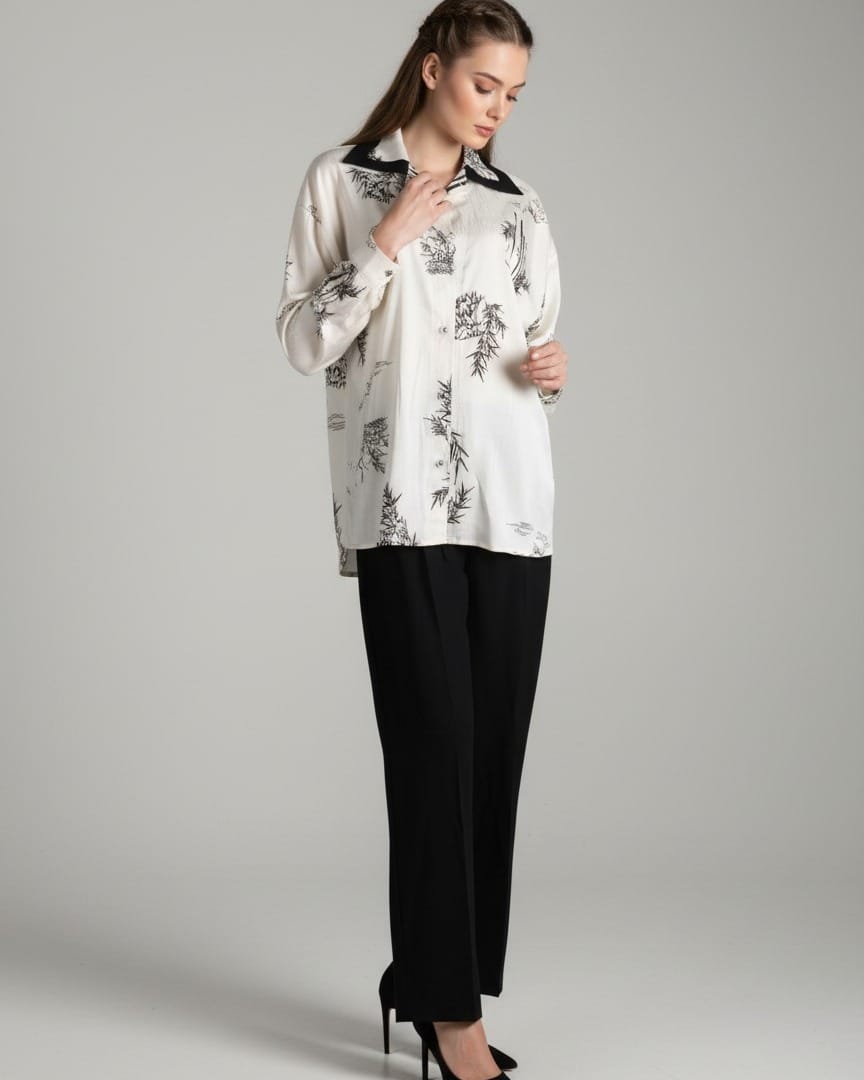 Black & White Floral Silk Shirt with Black Crepe Pants Set 2