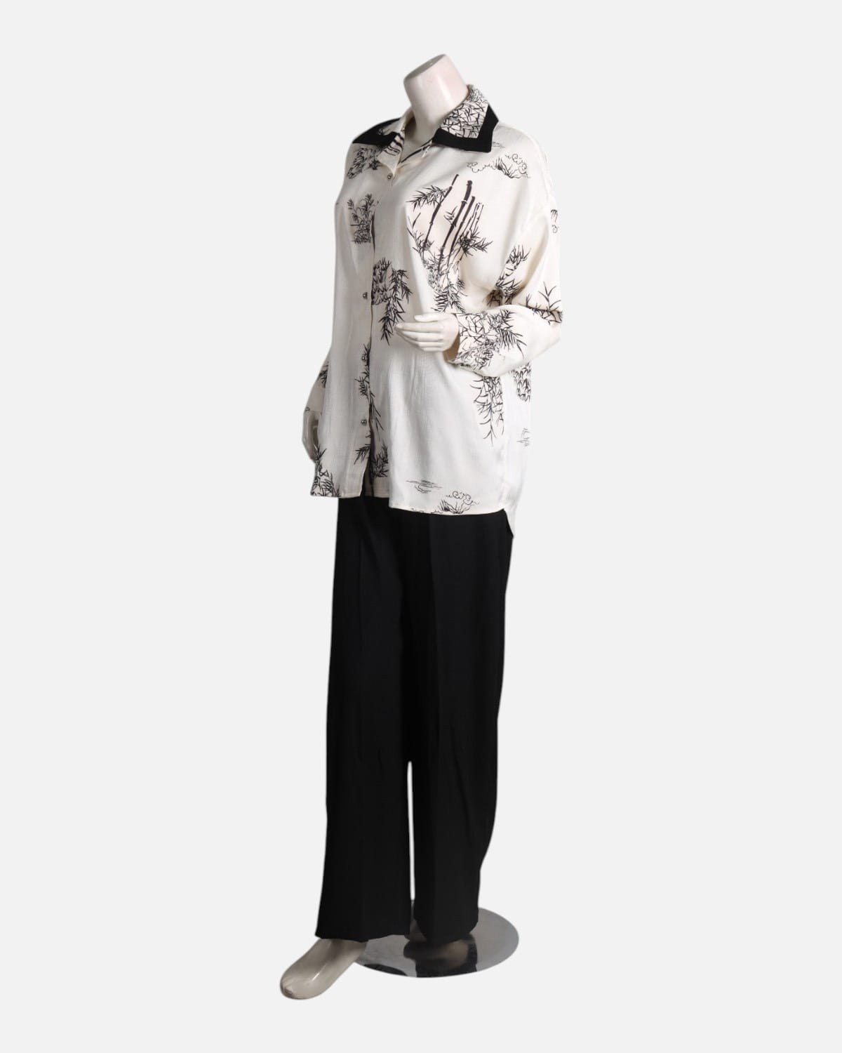 Black & White Floral Silk Shirt with Black Crepe Pants Set 4