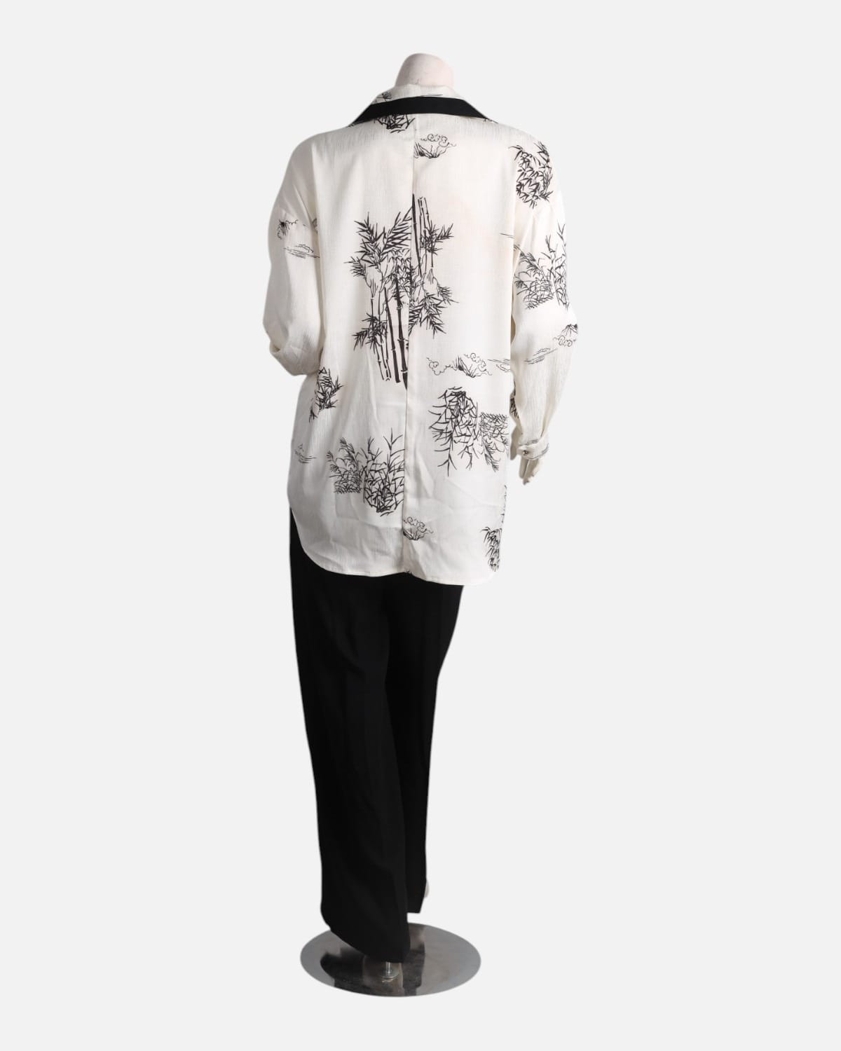 Black & White Floral Silk Shirt with Black Crepe Pants Set 5