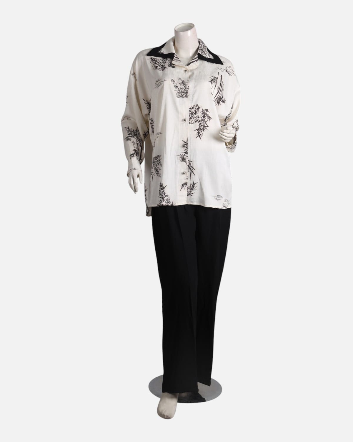 Black & White Floral Silk Shirt with Black Crepe Pants Set 6